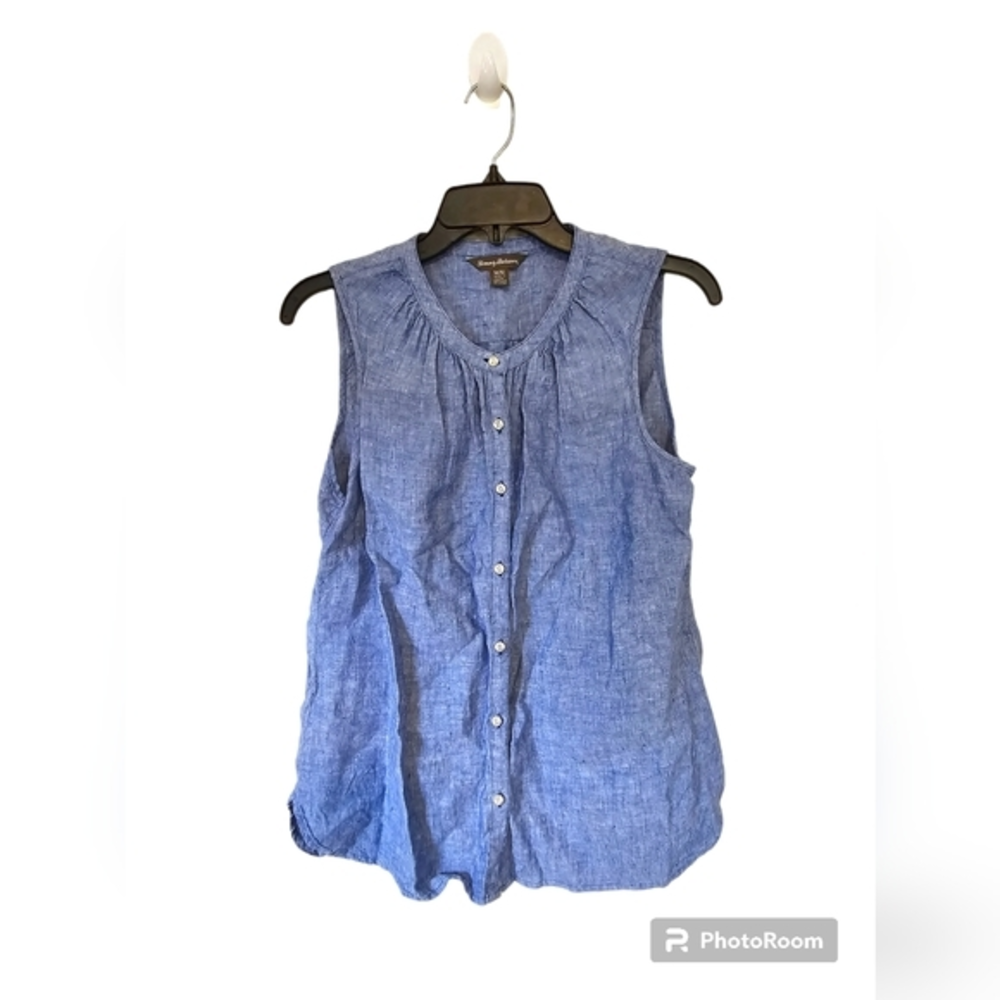 Tommy Bahama Blue Denim Linen Sleeveless Shirt Button Up Beach Boat Womens SizeM